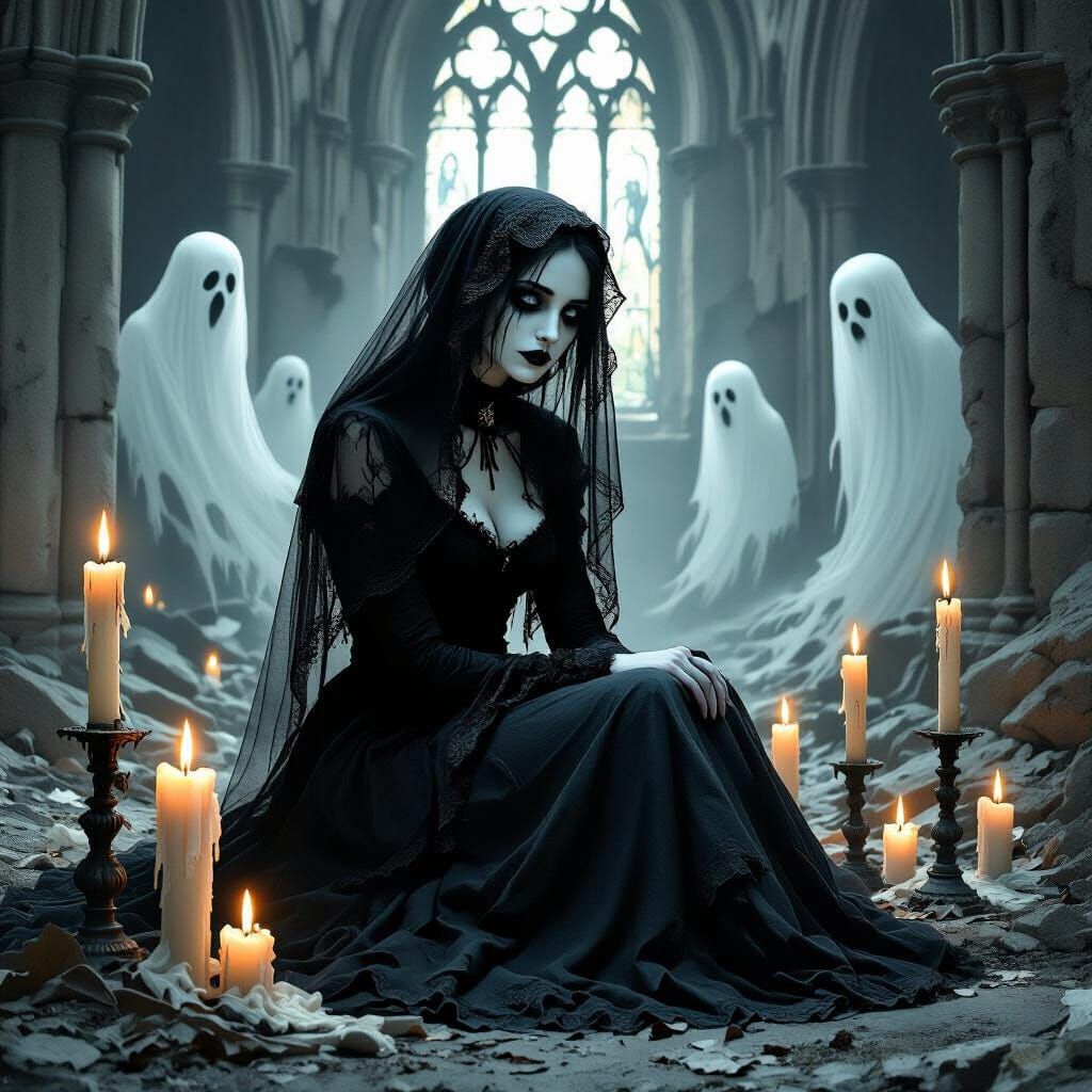 Melancholic Goth Woman in Ruined Cathedral