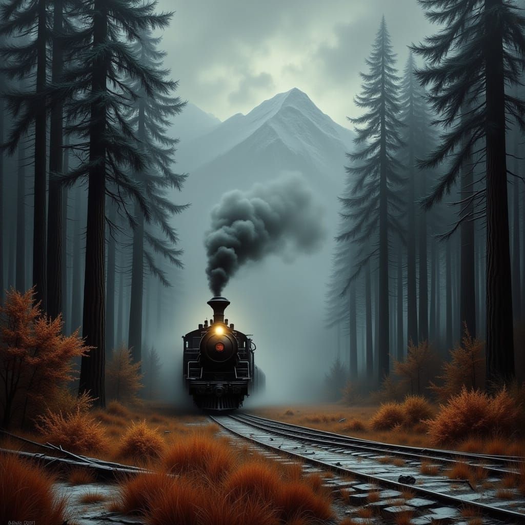 Vintage Steam Train in Misty Pacific Northwest Forest
