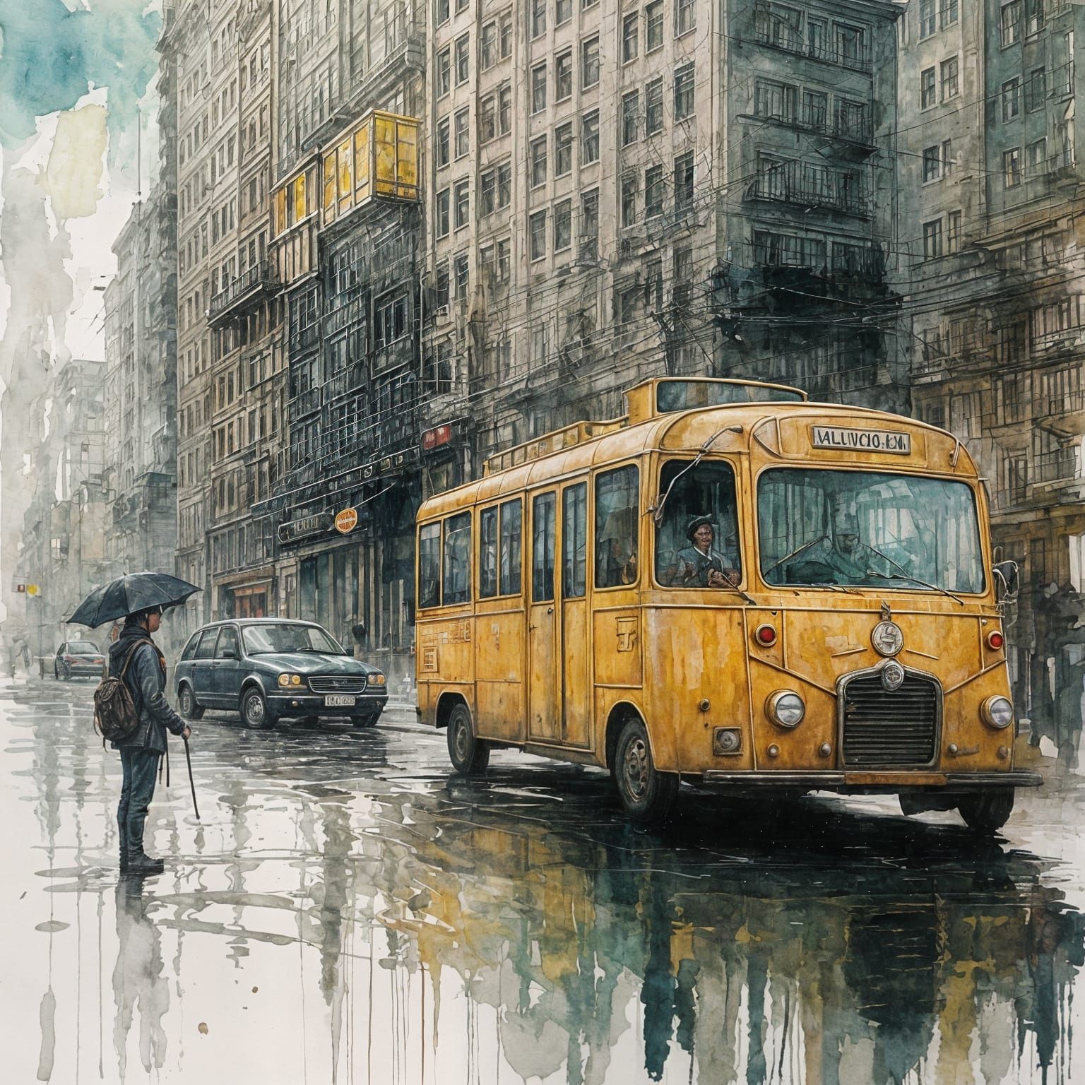 Skyscraper Door: Double Exposure in Gouache Style