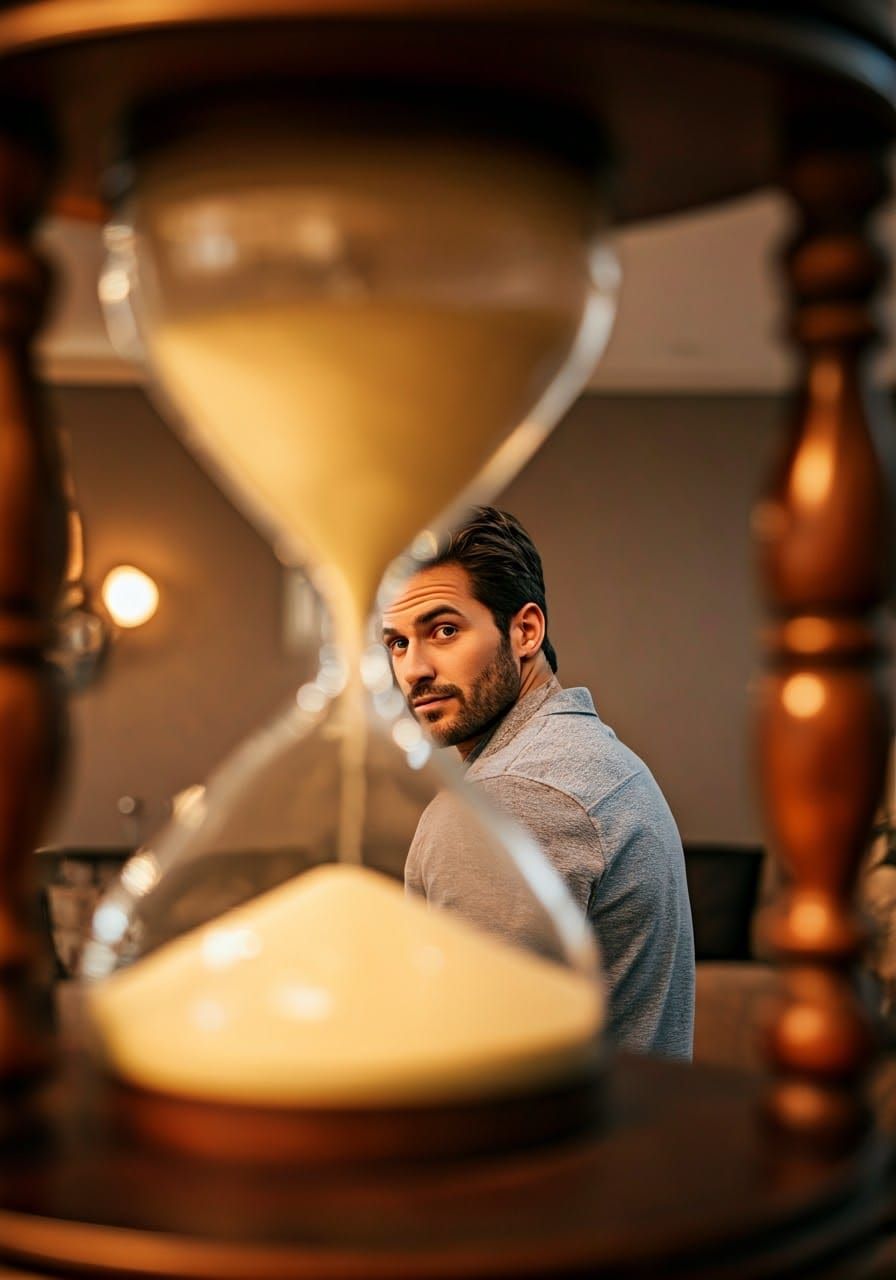 Man Seen Through Giant Silver Hourglass