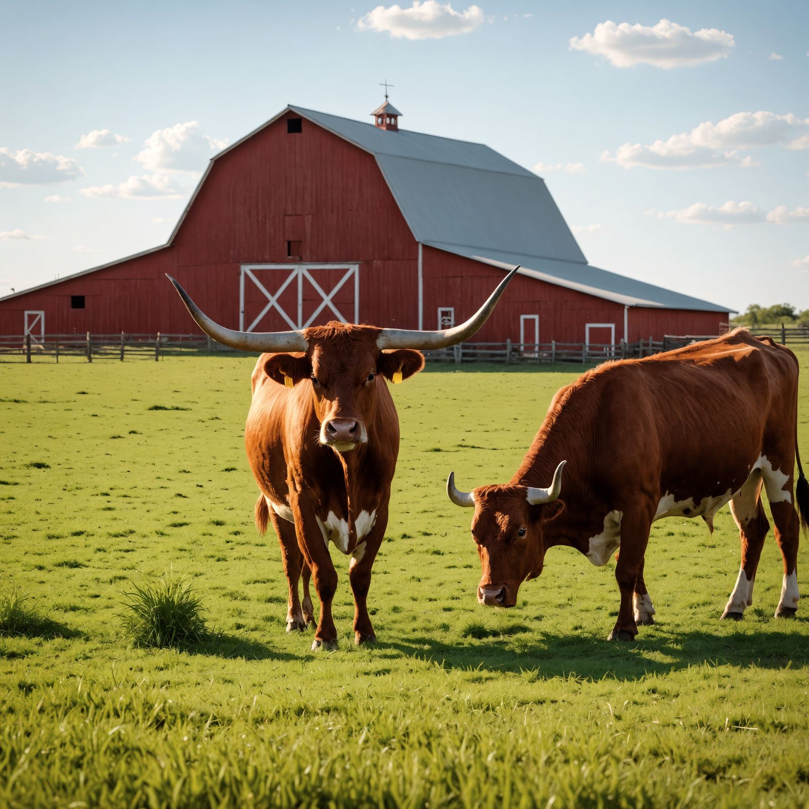 Texas Longhorn Cattle Grazing Near Red Barn
