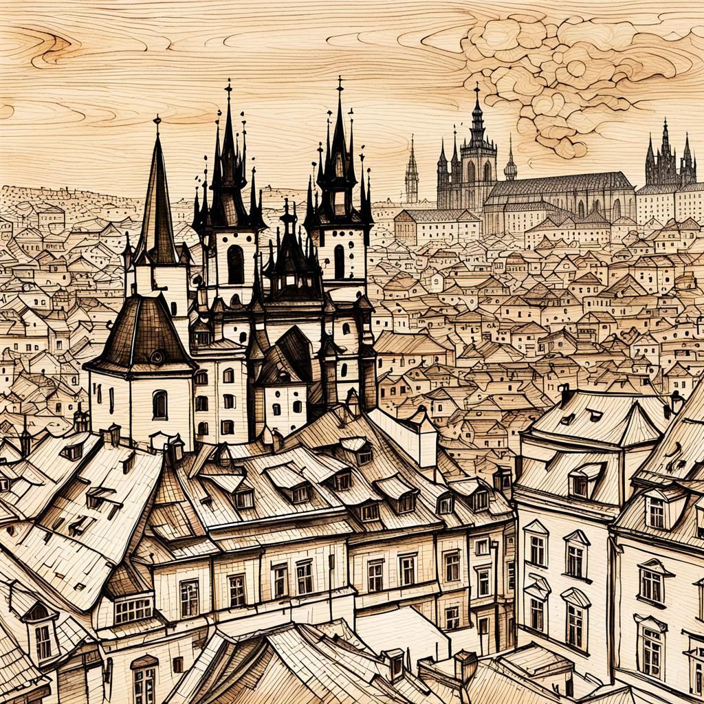 Burned Wood Mosaic: Prague Cityscape in Ink
