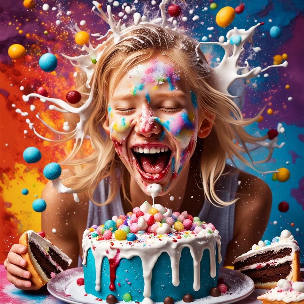 Girl Laughing Covered in Cake: Hyperrealistic Splash Art
