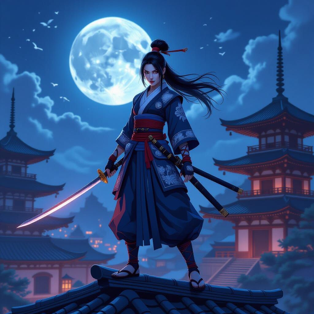 Akali, Ninja Assassin on Moonlit Rooftop in Riot Games Style