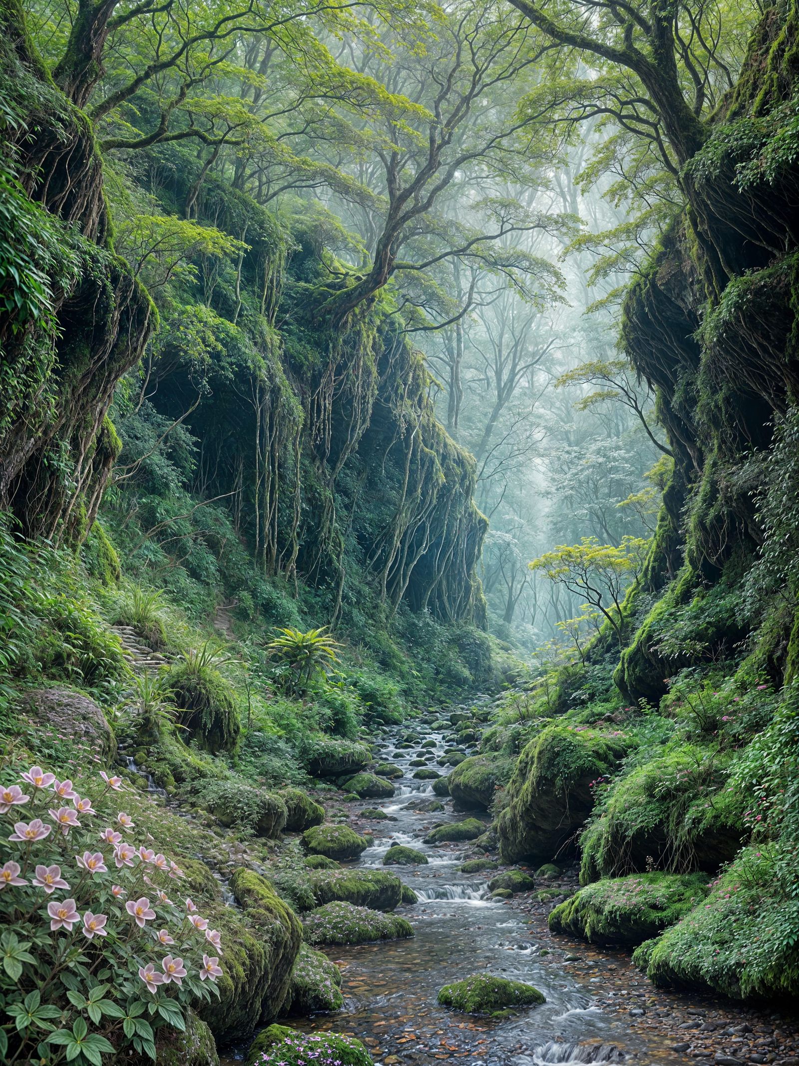 Magical Forest Glen with Moss and Orchids