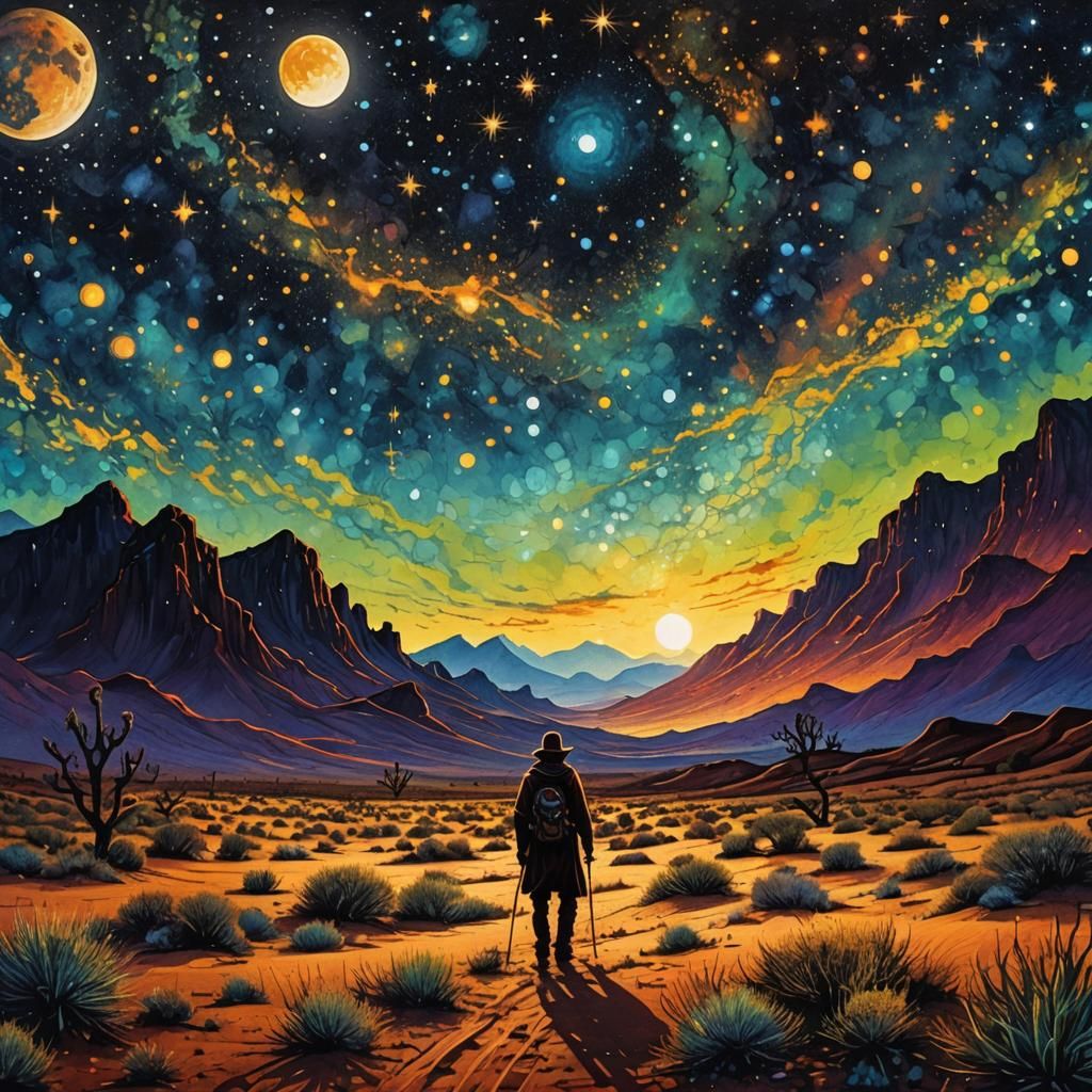 Mystical Nomad in Desert Moonscape with Alcohol Inks