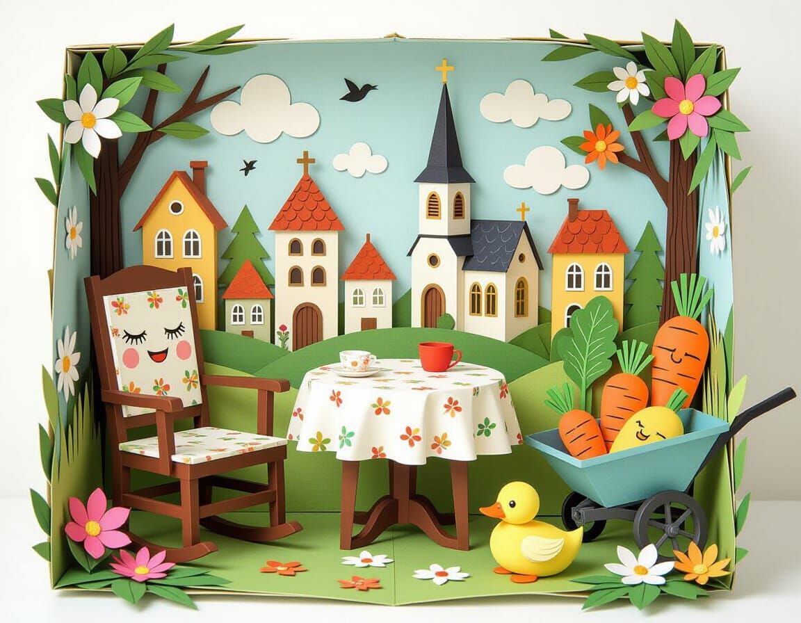 Whimsical Papercraft Diorama in Surreal Style