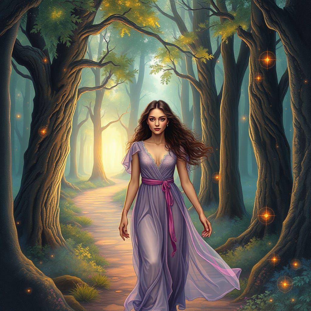 Mystical Woman Walks Down Enchanted Cosmic Forest Path