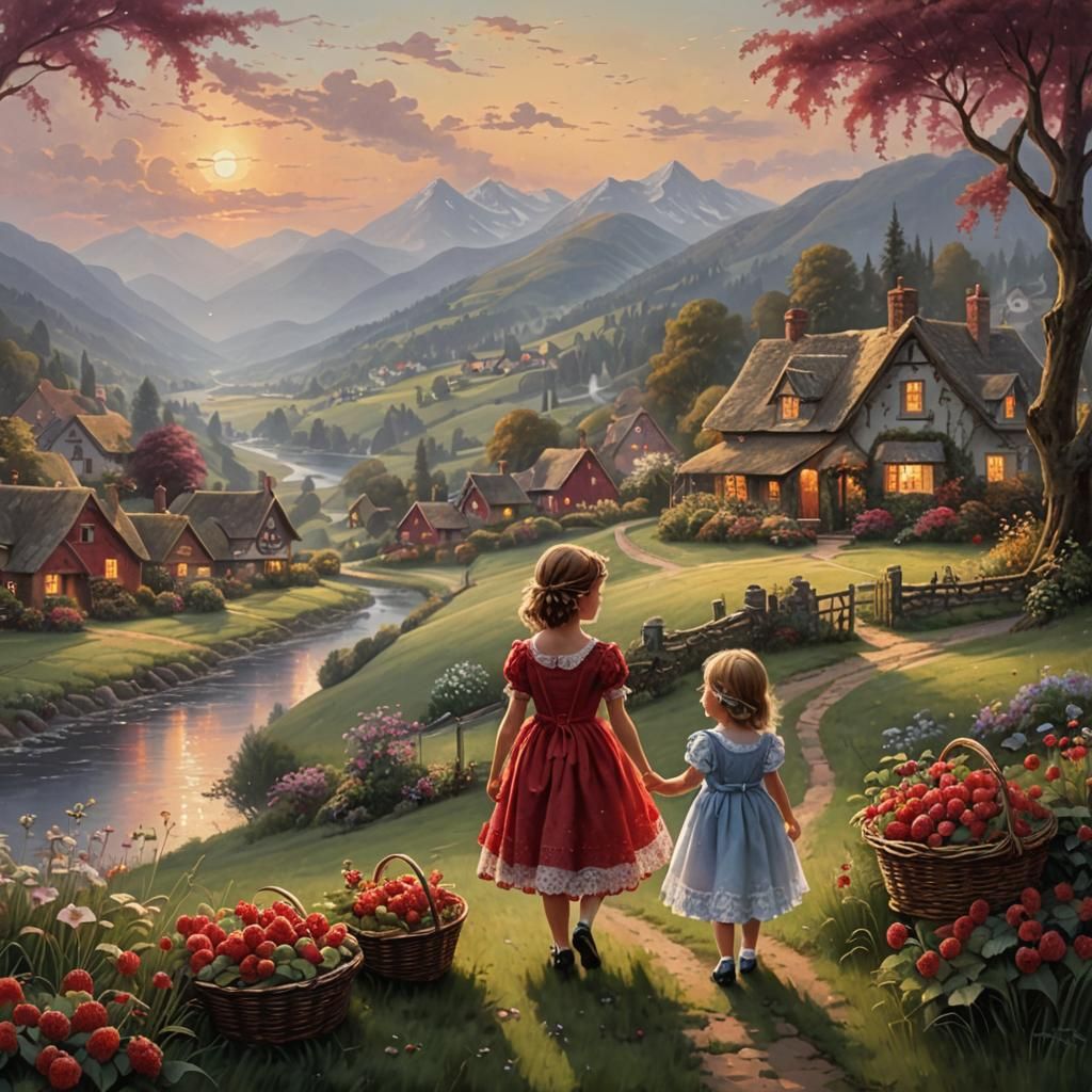 Girls Gathering Raspberries in Ethereal Meadow