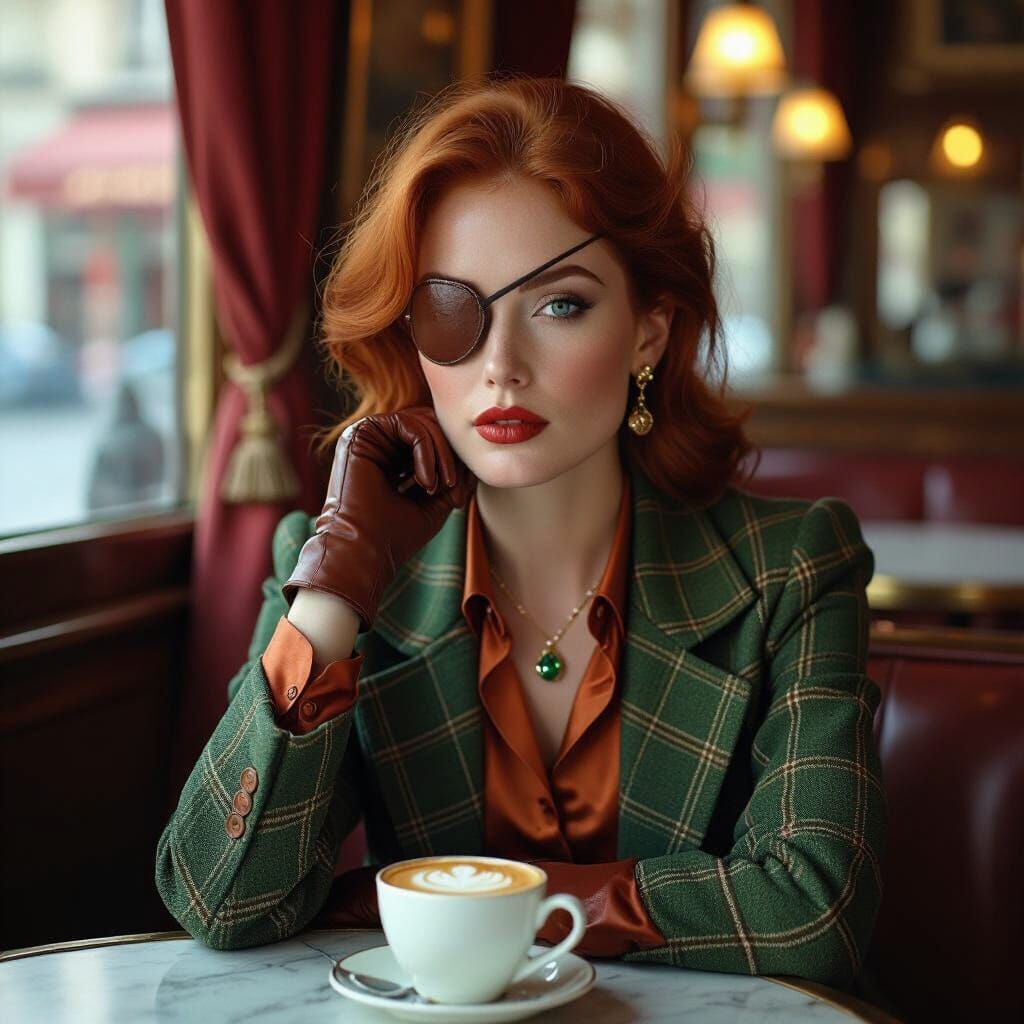 Woman with Eyepatch in Parisian Cafe, Hyperrealistic Photo