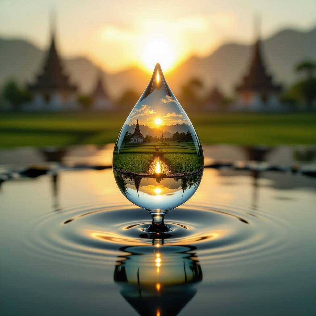 Double Exposure Water Droplet Ascending Over Thai Landscape