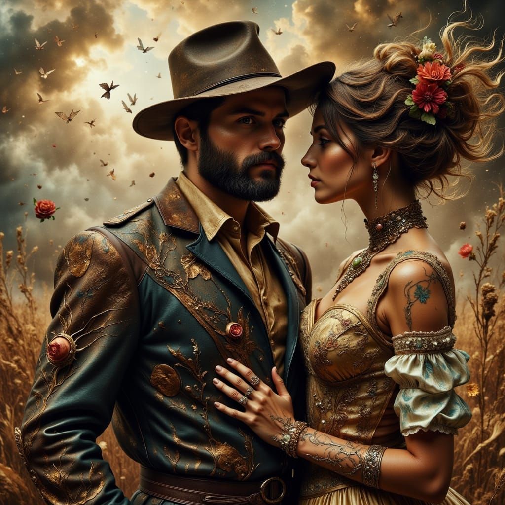 Hyperrealistic Cowboy and Woman in Retro Dreamscape