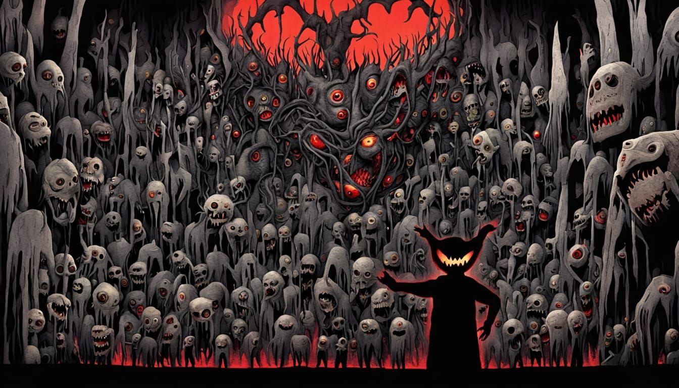 Horror Figure Ensnared by Teeth and Doll Monster in a Dark J...