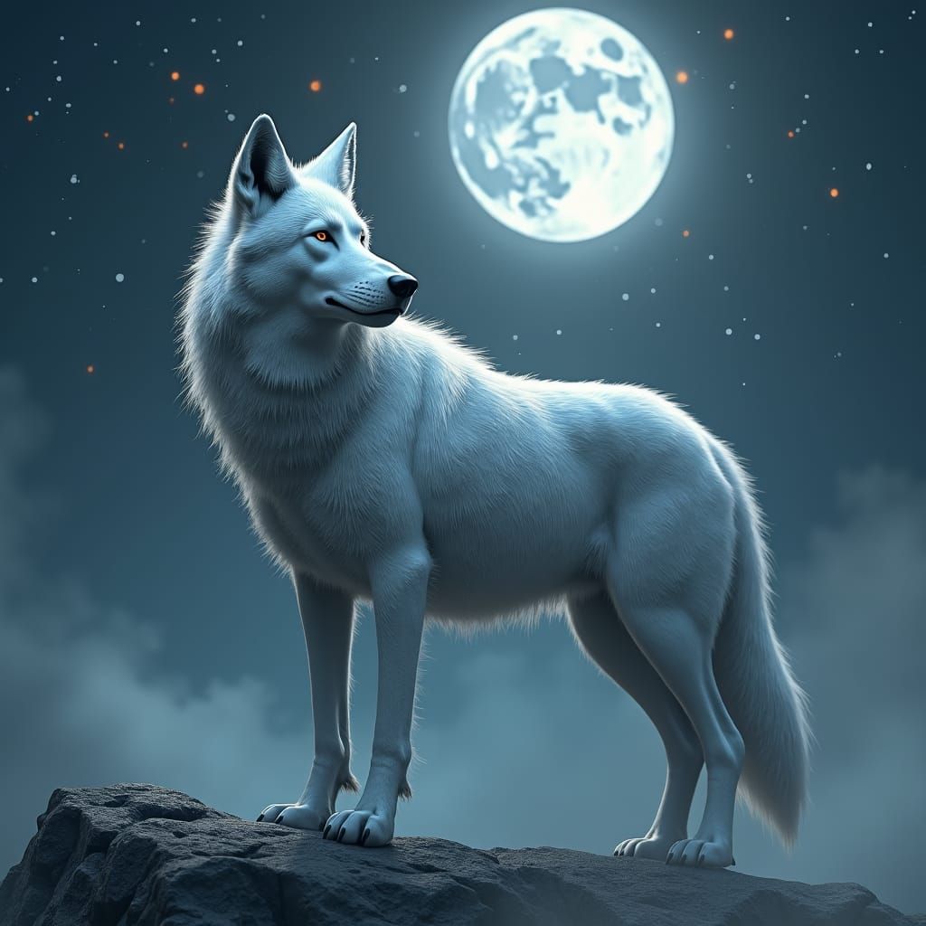 Majestic Silver Wolf Under Celestial Canopy