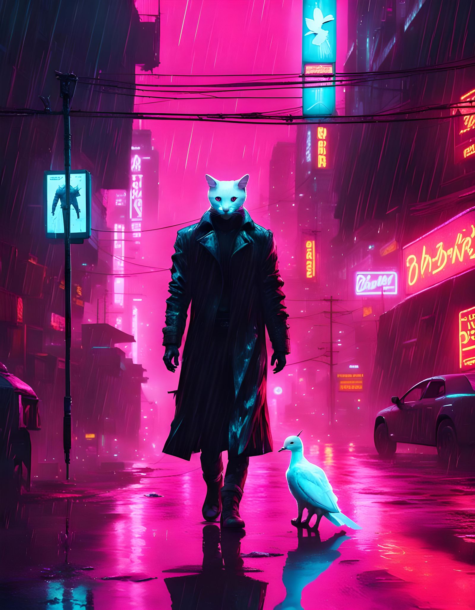 Roy Batty (Catty) as a white cat walking down neon pink glow...