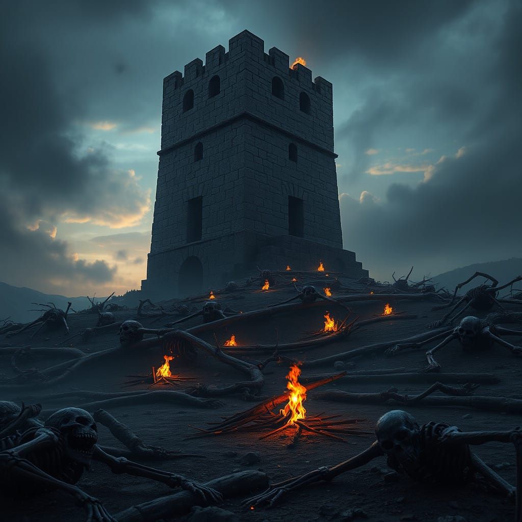 Weathered Stone Tower Amidst Macabre Landscape