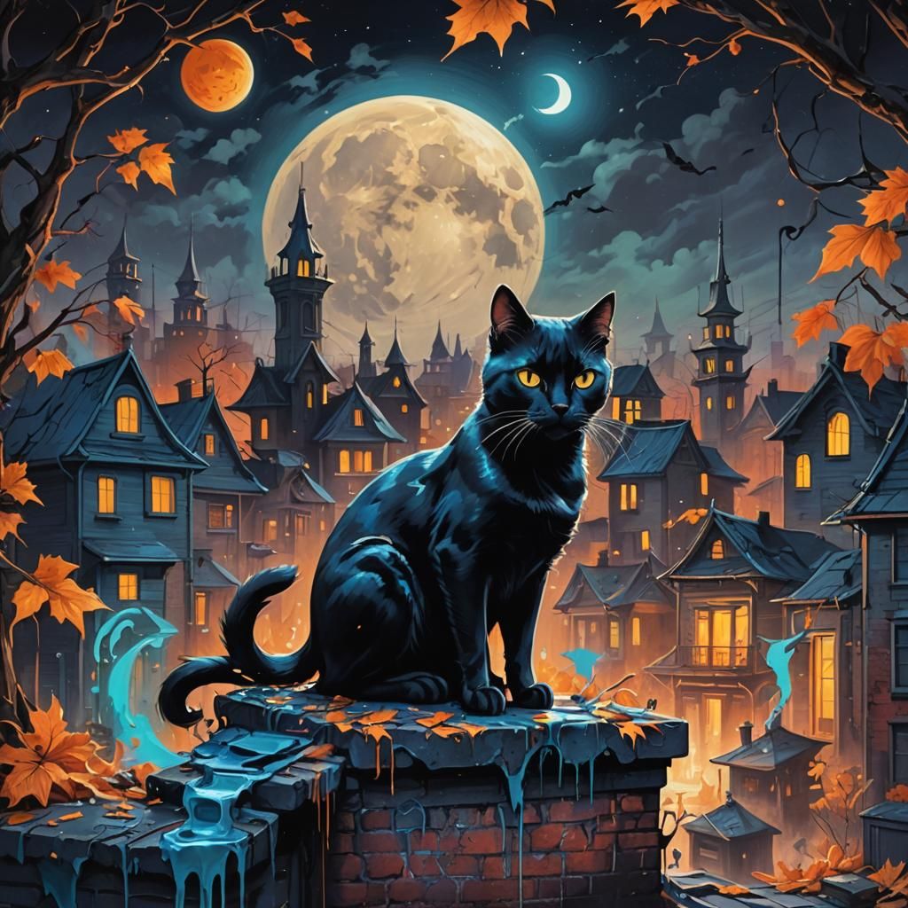 Neon Black Cat in Autumn Halloween Town Graffiti