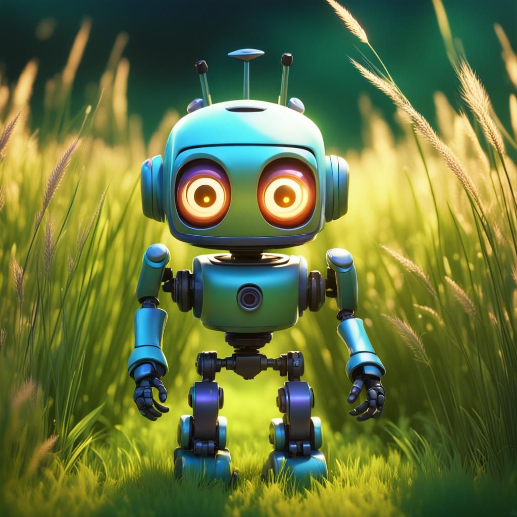 Chibi Robot Walks Through Grass: 3D Digital Art