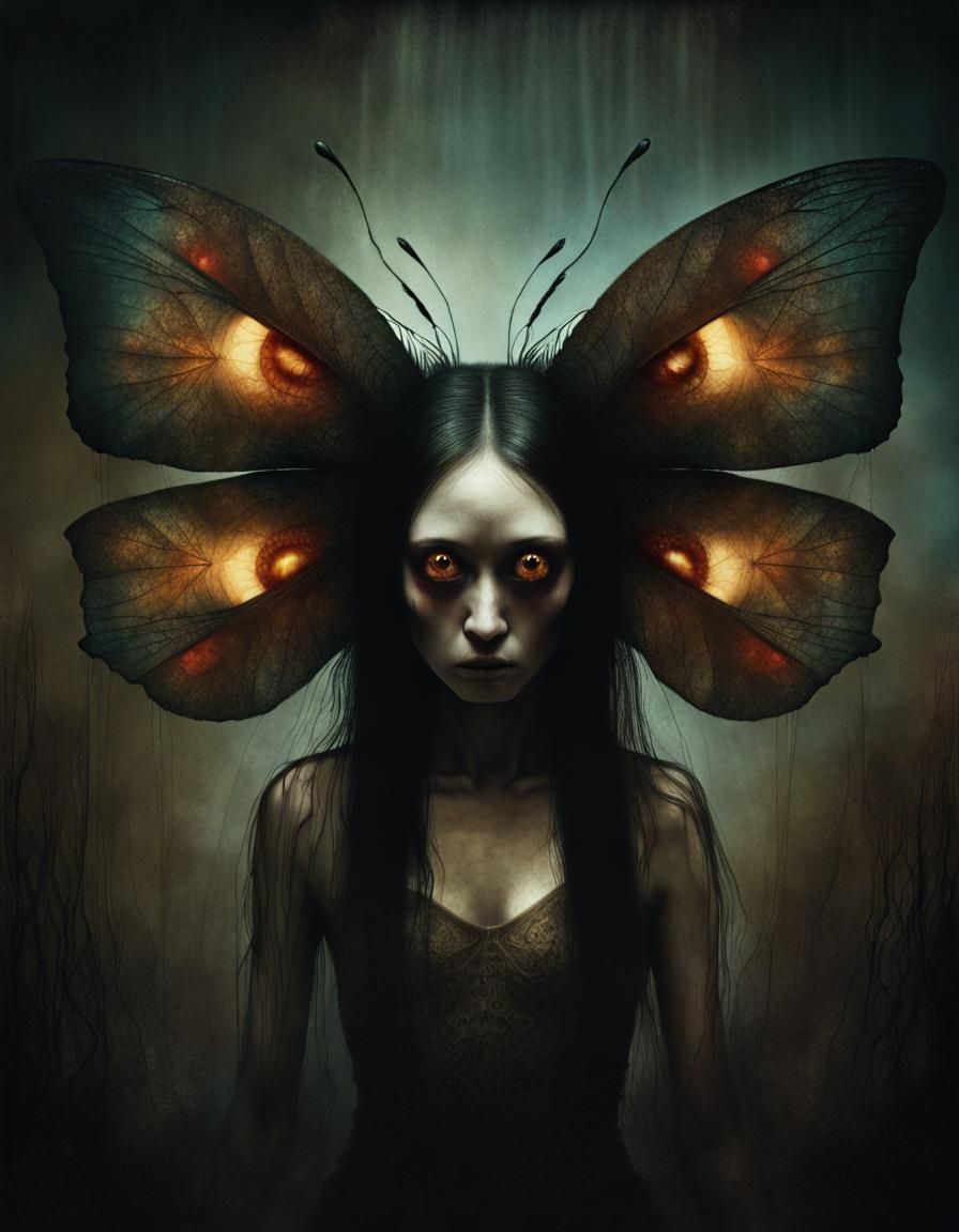 Macabre Woman-Butterfly Art with Insect Eyes