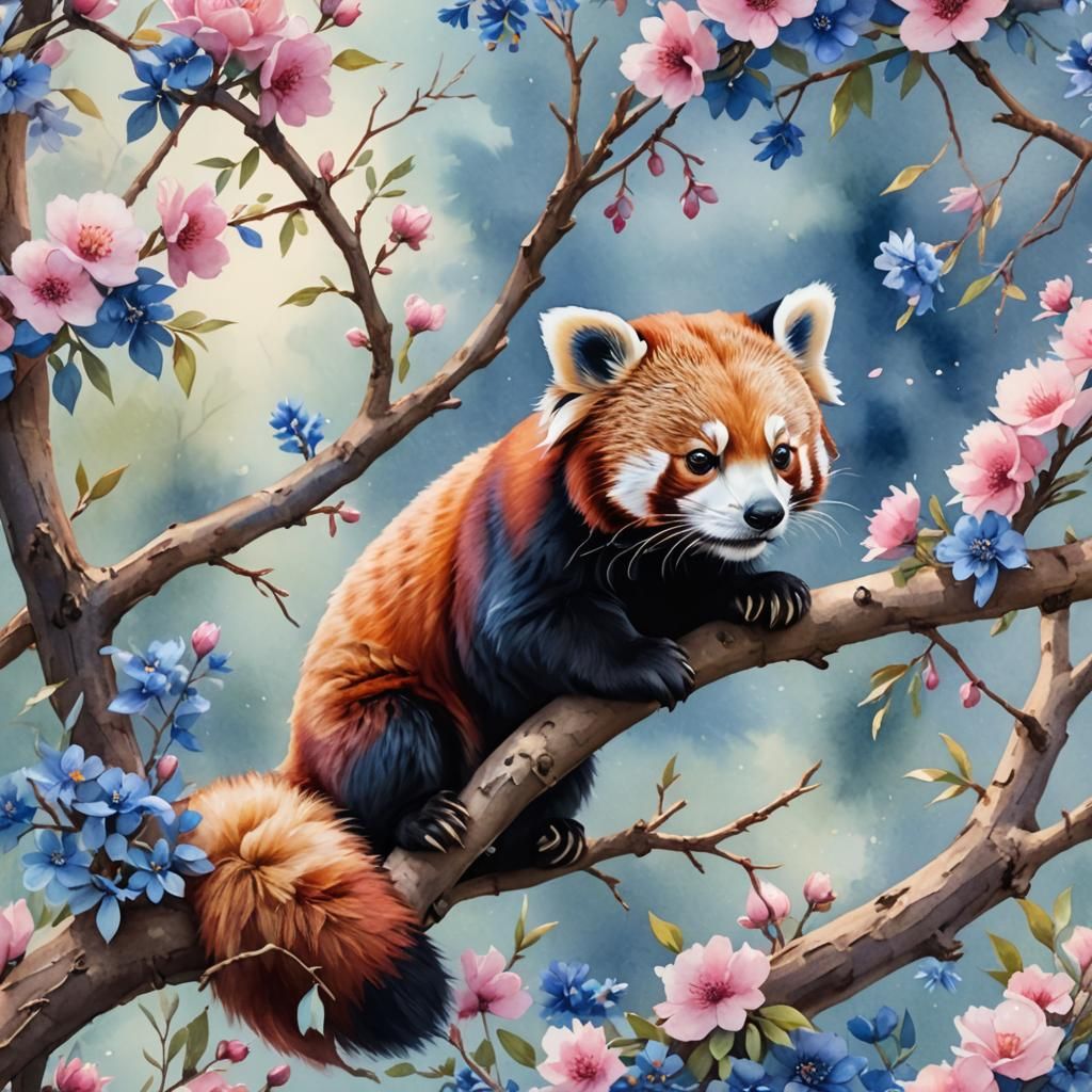 Red Panda Surrounded by Blue and Pink Flowers