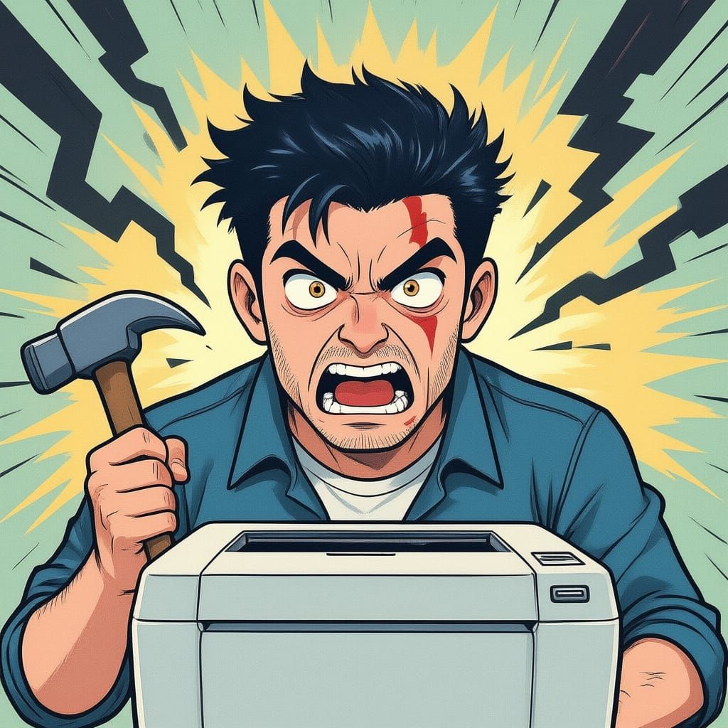 Man's Rage at Printer in Moe Manga Style
