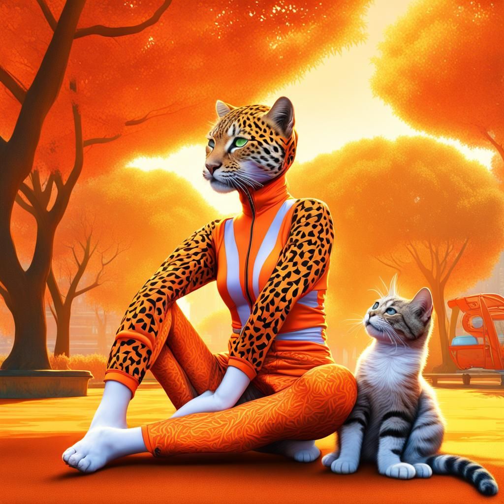 Neon Taiwan Leopard and Cat Kiss in Orange Sunlight