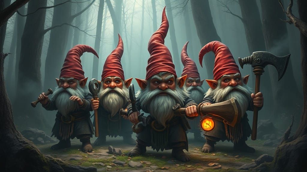 Whimsical Gnomes in Dark Fantasy Landscape Art