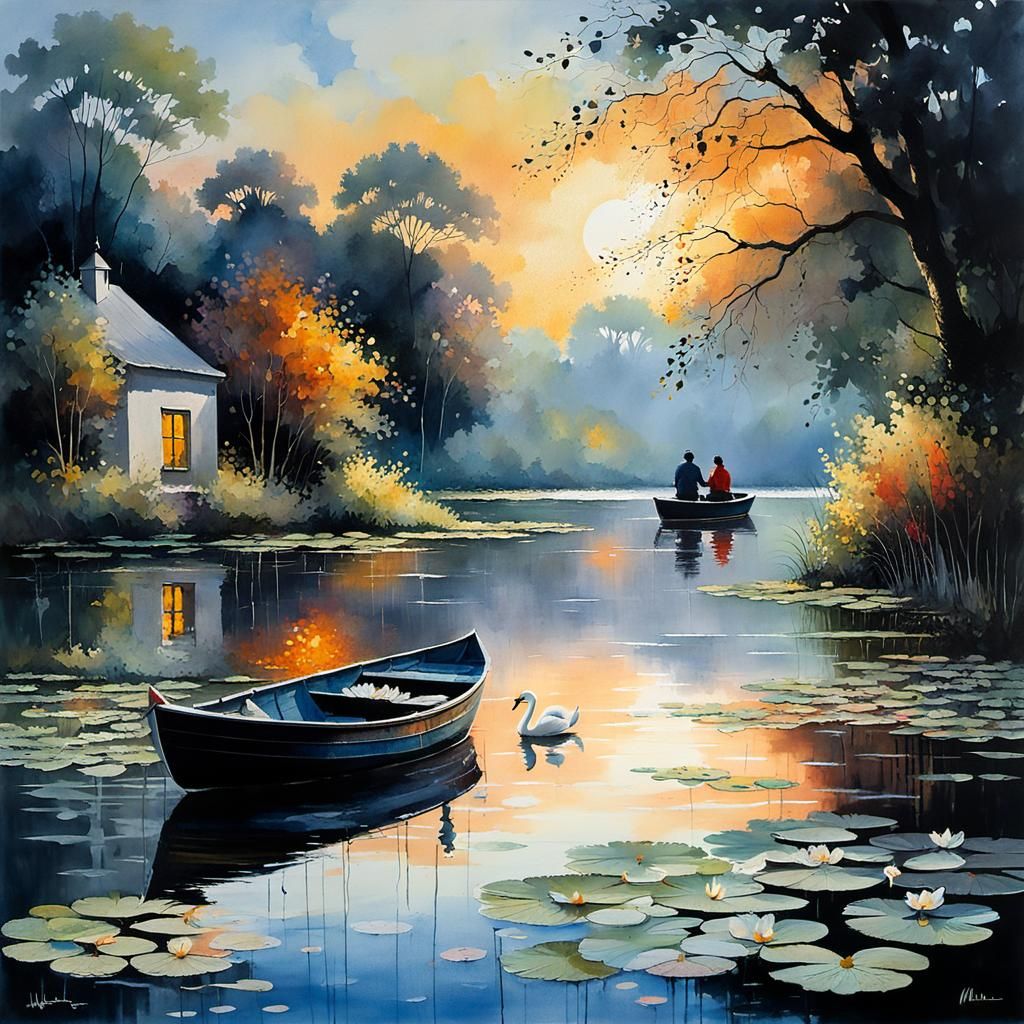 Peaceful Lake Scene with Swans and Water Lilies in Vibrant G...