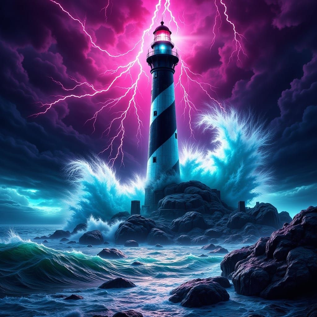 Neon Pulp Lighthouse in Storm, 1940s Comic Style