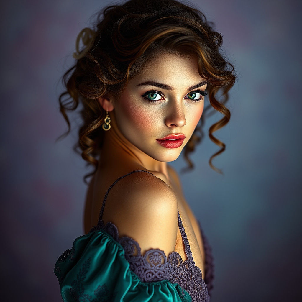 Enchanting Woman in Velvet Gown, Hyper-Realistic Digital Art