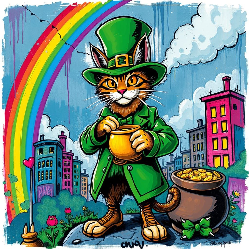 Mischievous Leprechaun Cat Grasps Pot of Gold in Vibrant Gra...
