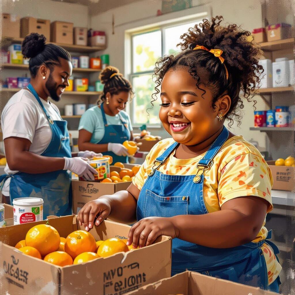 Black Girl Helping Family at Food Pantry, Vibrant Oil Gouach...