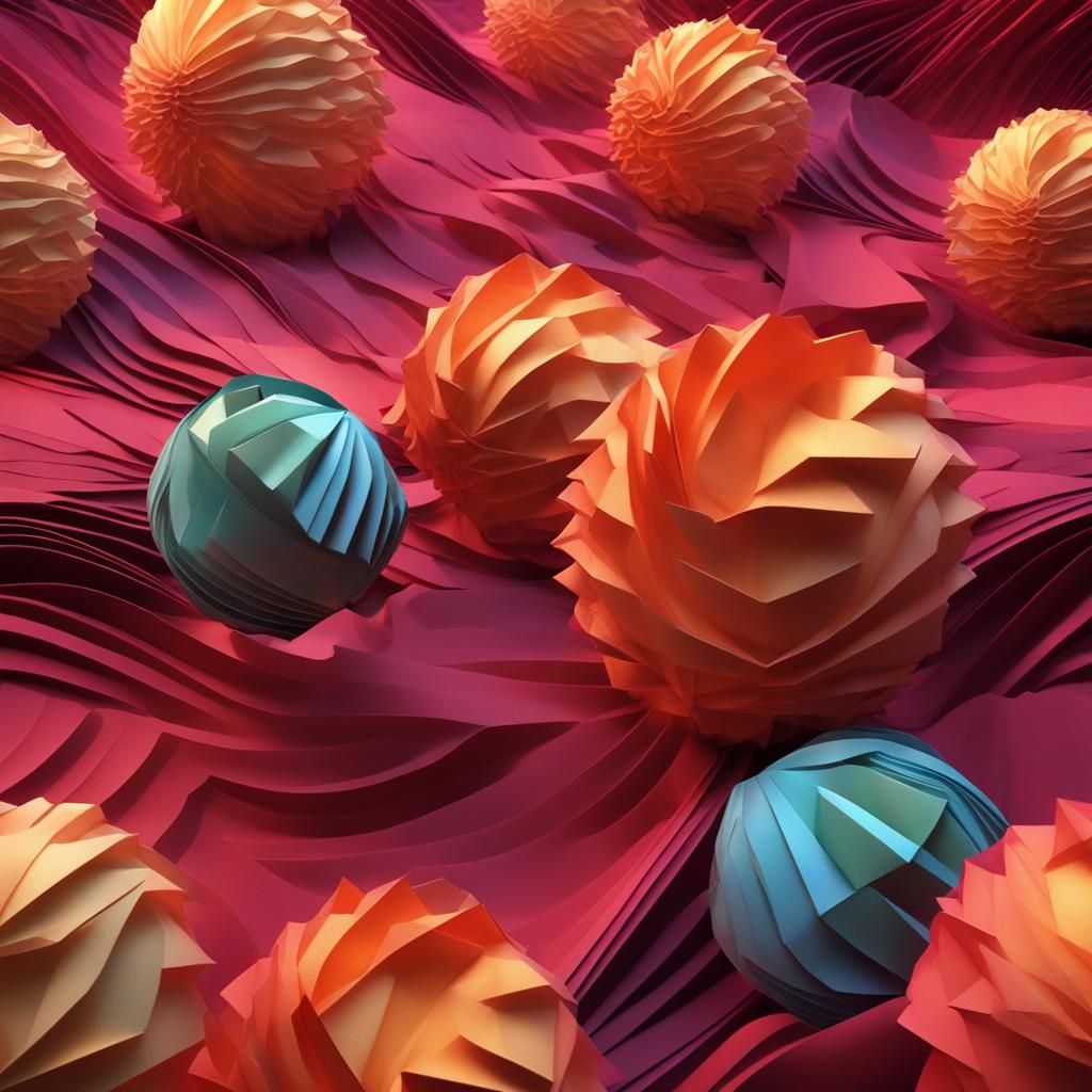 Fiery Origami Paper Balls in Synthwave Style