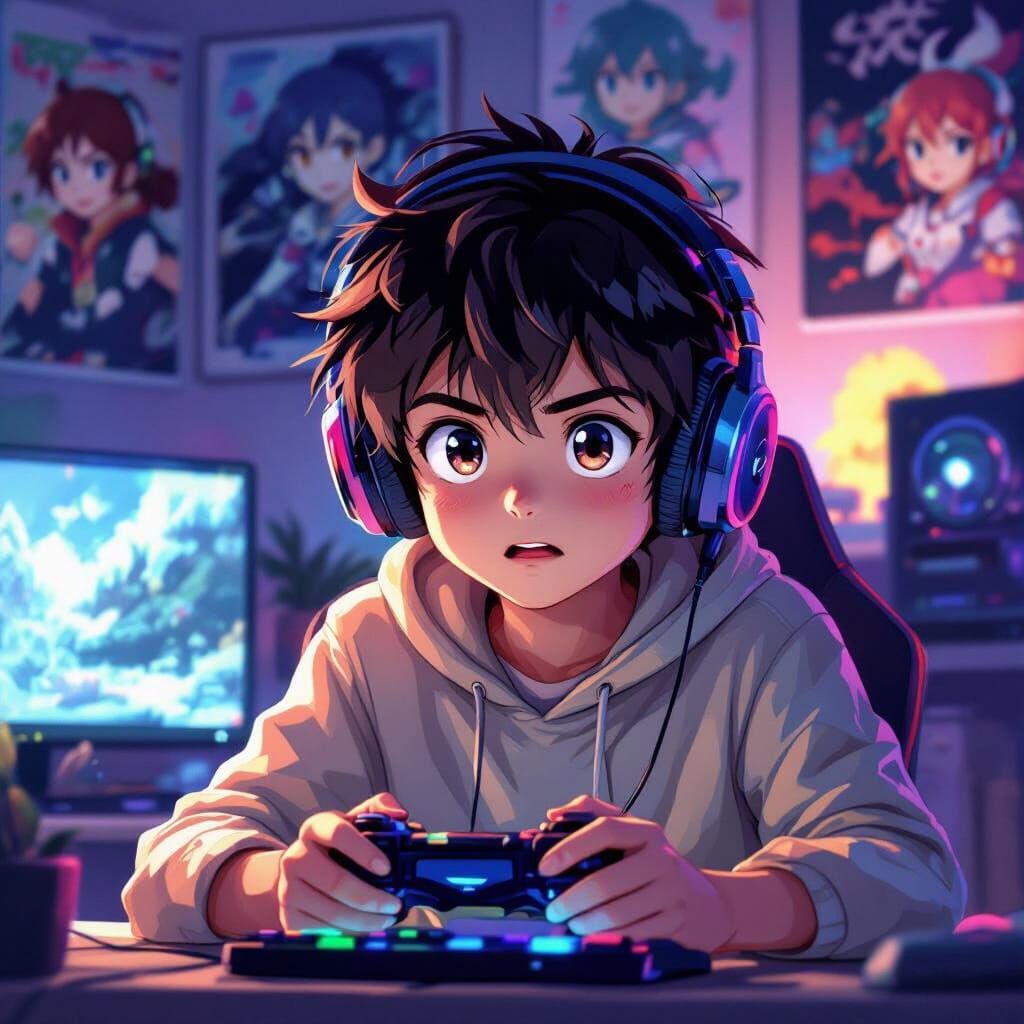 Young Gamer Immersed in Anime Style Video Game