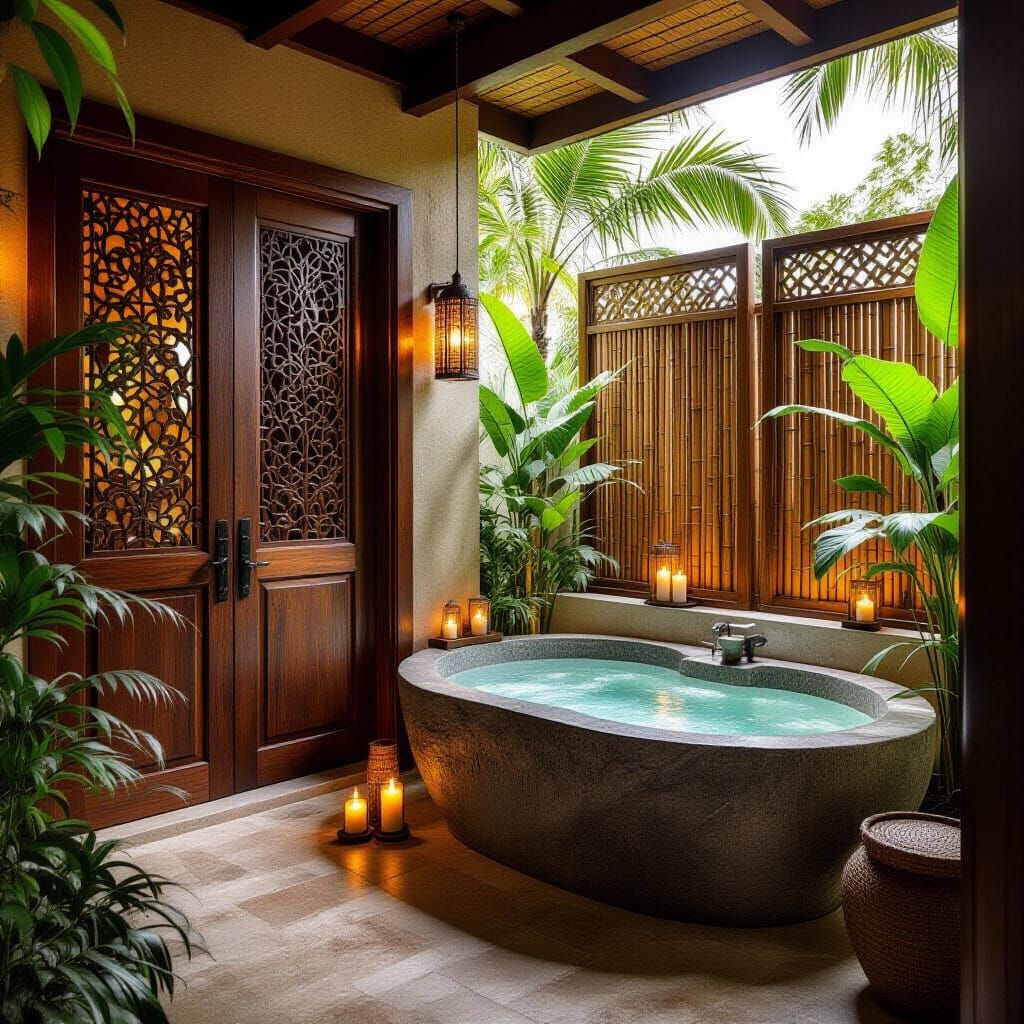 Luxurious Outdoor Bathroom Oasis with Carved Doors