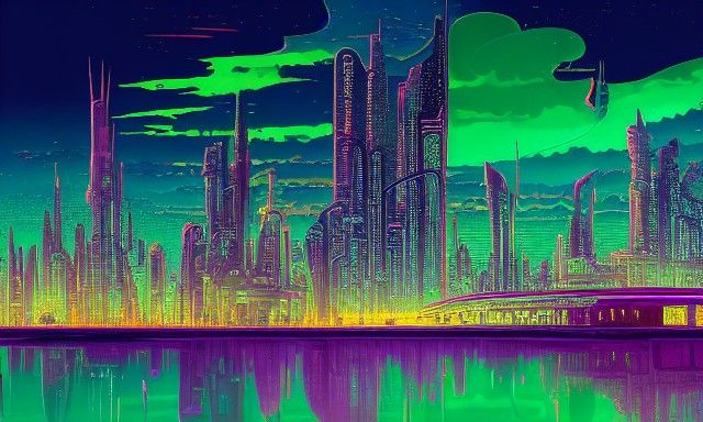 Futuristic City Skyline in Cyberpunk Neon Colors