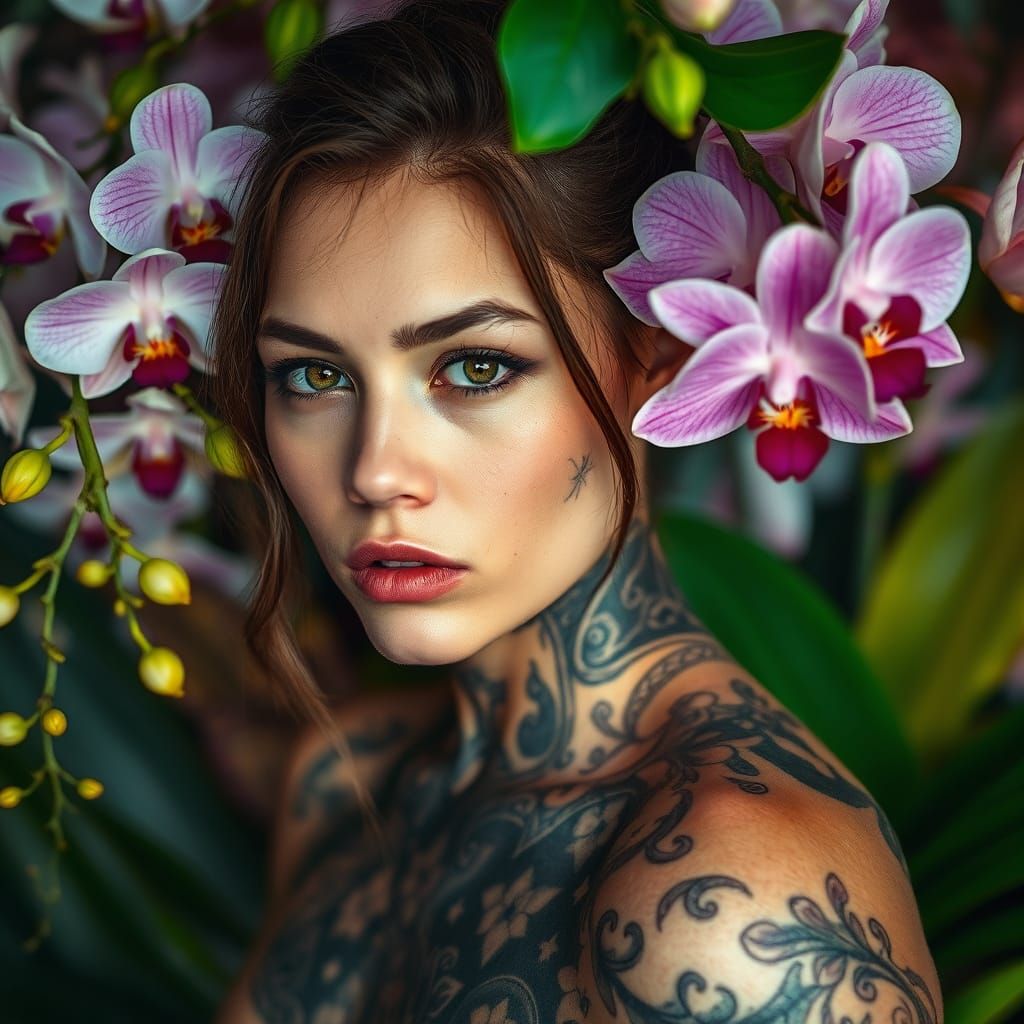 Floral Tattoo Portrait with Orchids and Bokeh