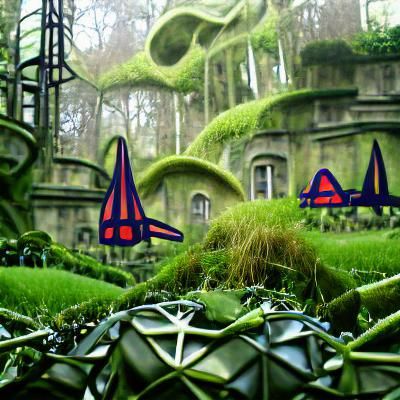 Alien Spaceships Amidst Jungle Vines and Moss