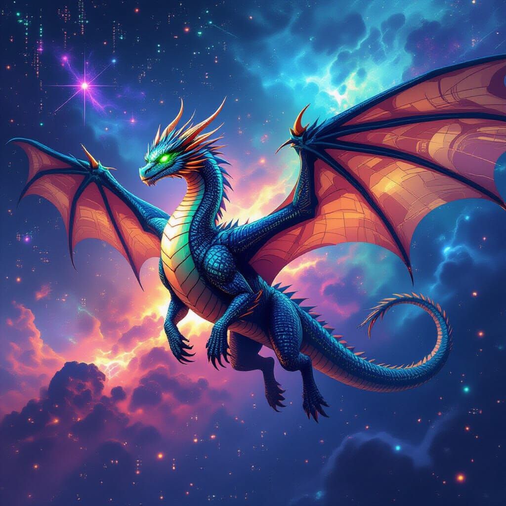 Dragon of Binary Code Soars Through Digital Nebula