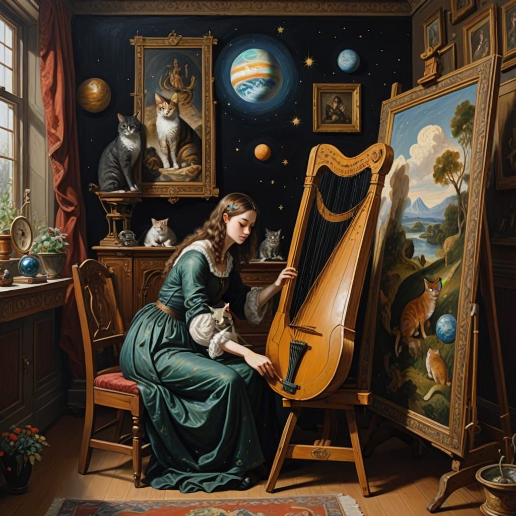 Young Woman Paints Jupiter with Harp