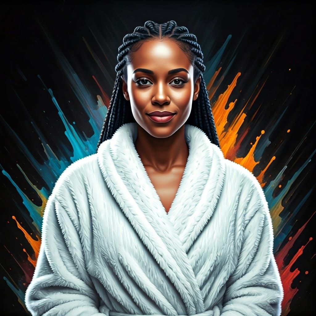 Radiant Black Woman in White Robe, Hyperrealistic Portrait