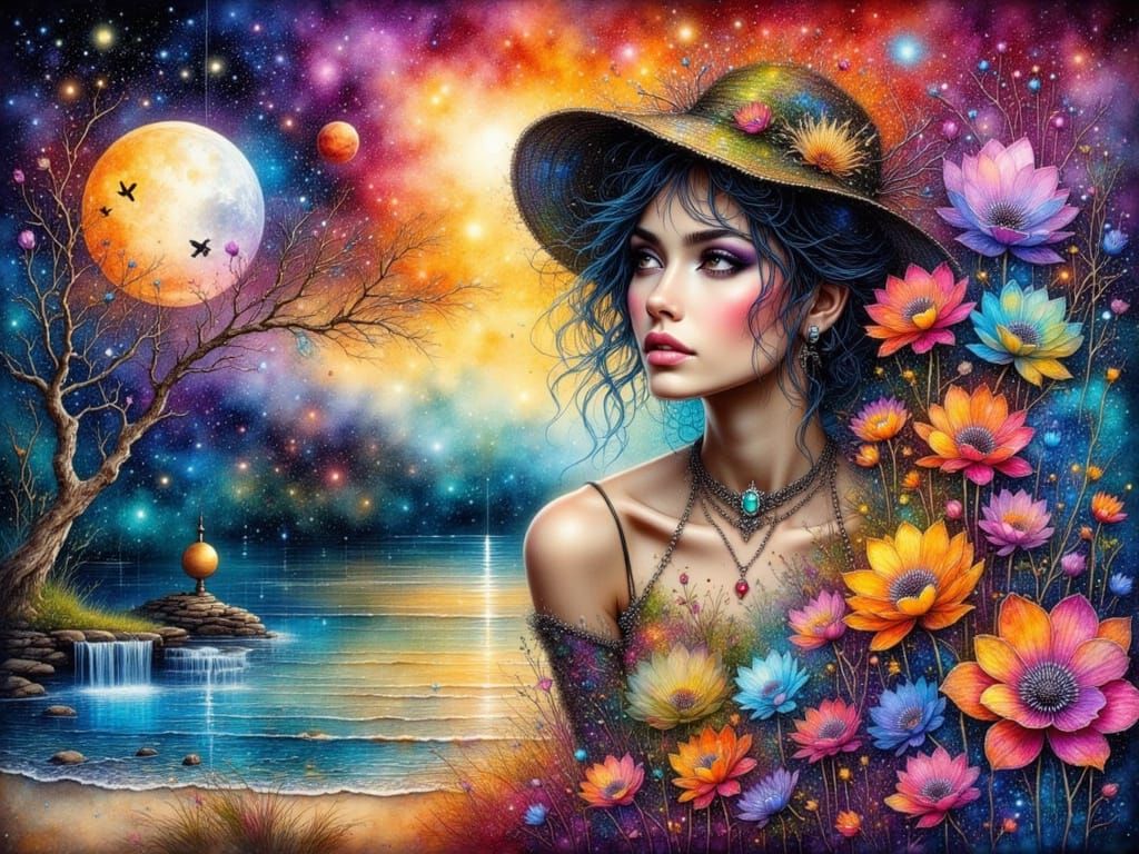 Mystic Woman in Dreamlike Watercolor with Neon Accents