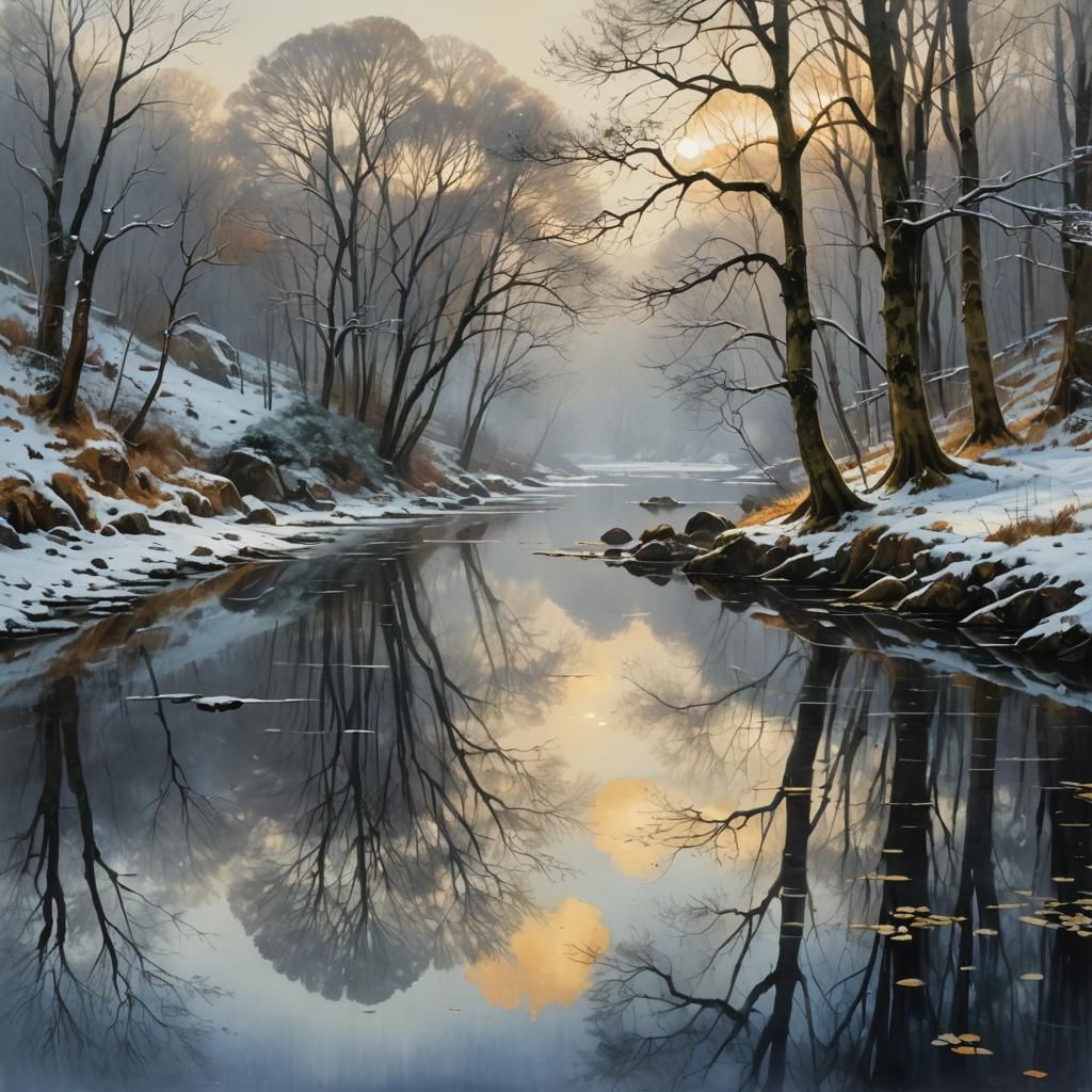 Still Winter Riverscape in Art Brut Style