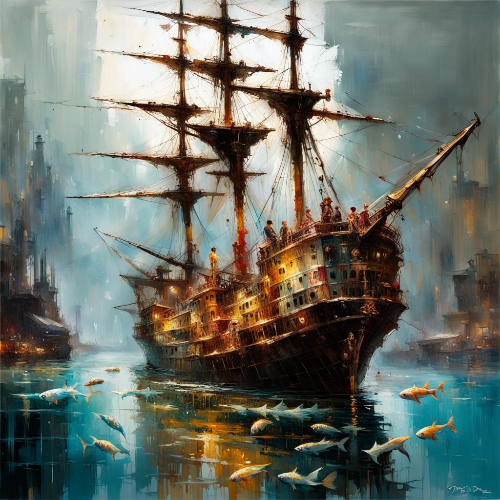 Sunken Pirate Ship in Detailed Glass Mosaic