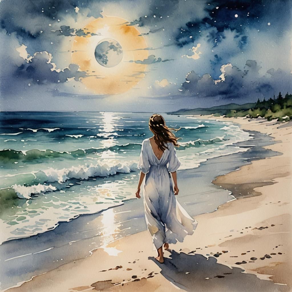 Woman Walks on Beach in Watercolor Style