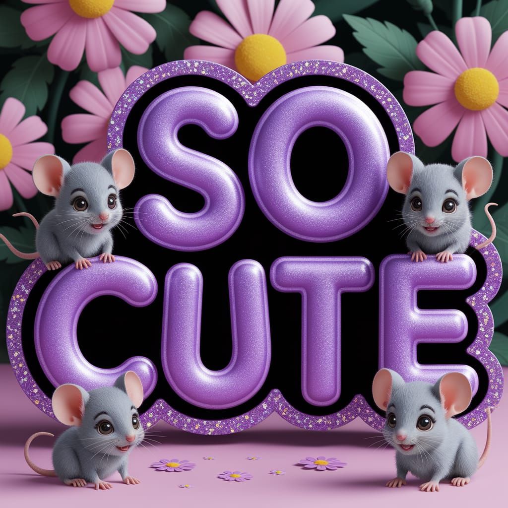 A 3D cartoon plaque with chunky, wooden letters spelling out "SO CUTE" in a bold, playful, METALLIC PURPLE font, adorned...