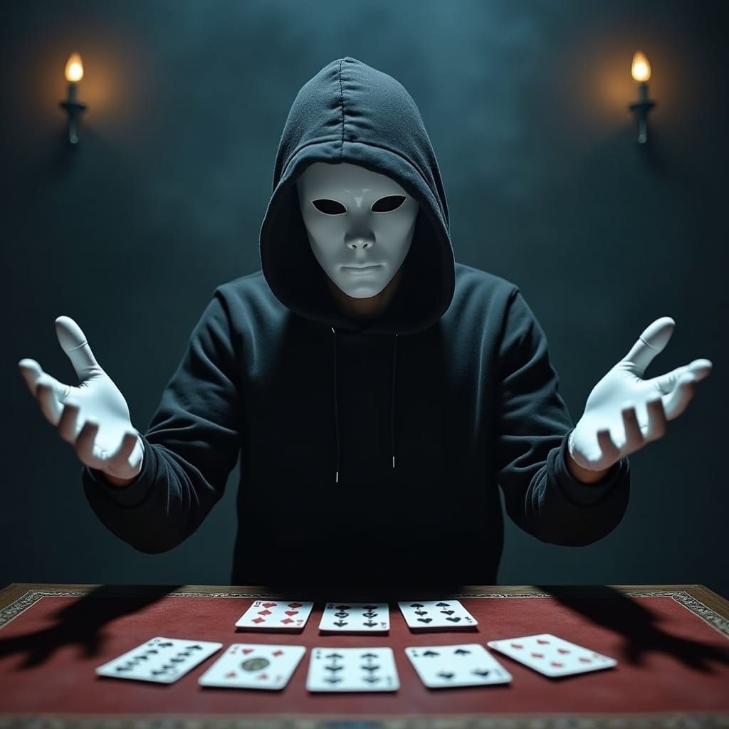 Man in White Mask and Hoodie with Outstretched Arms