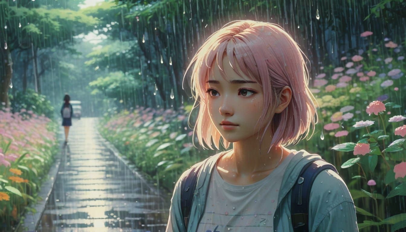 Anime Girl in Summer Rain with Sunlight