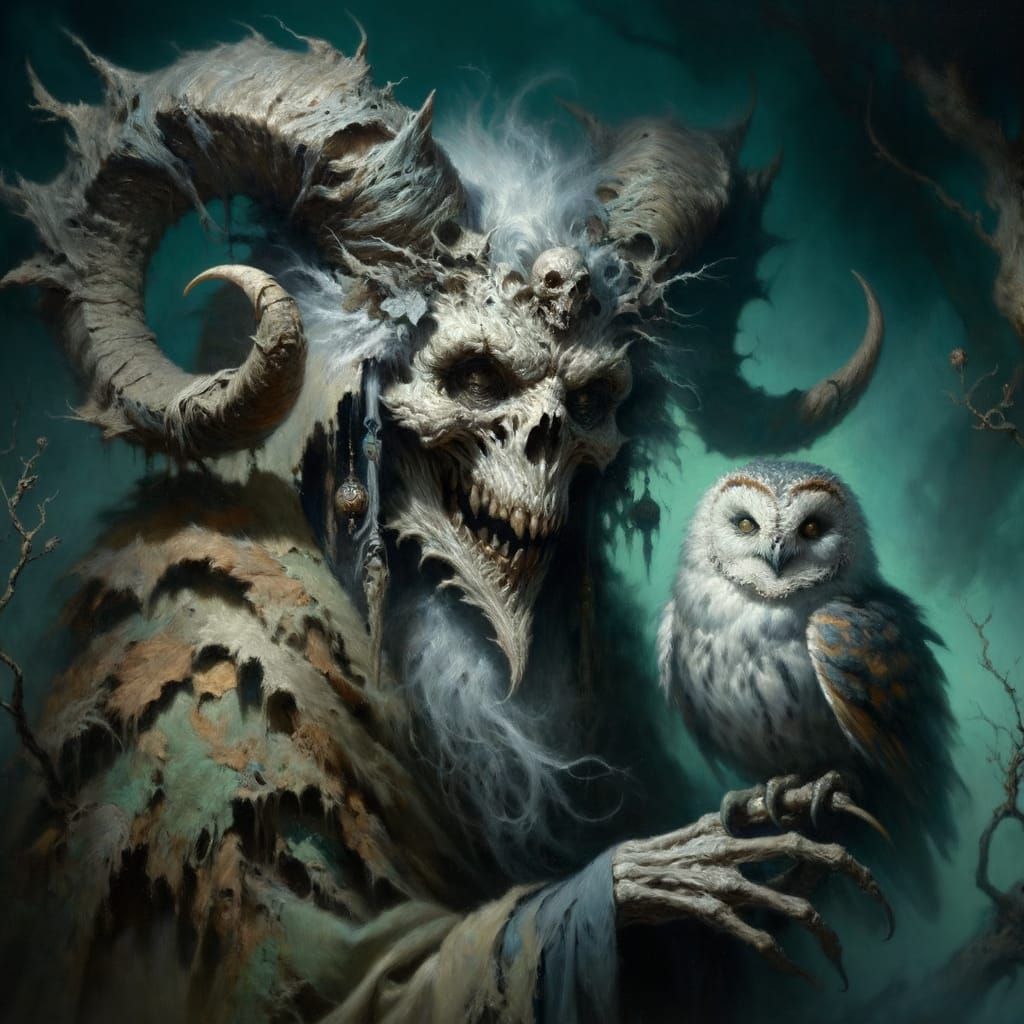Menacing Hag-Owl Crone in Dark Fantasy Oil Painting
