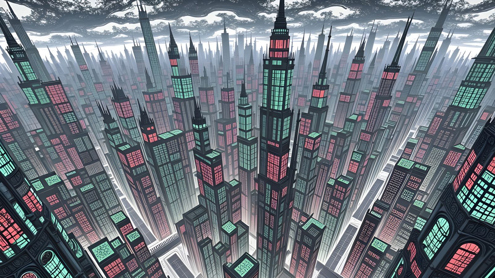 Gothic Cityscape with Stained Glass Skyscrapers